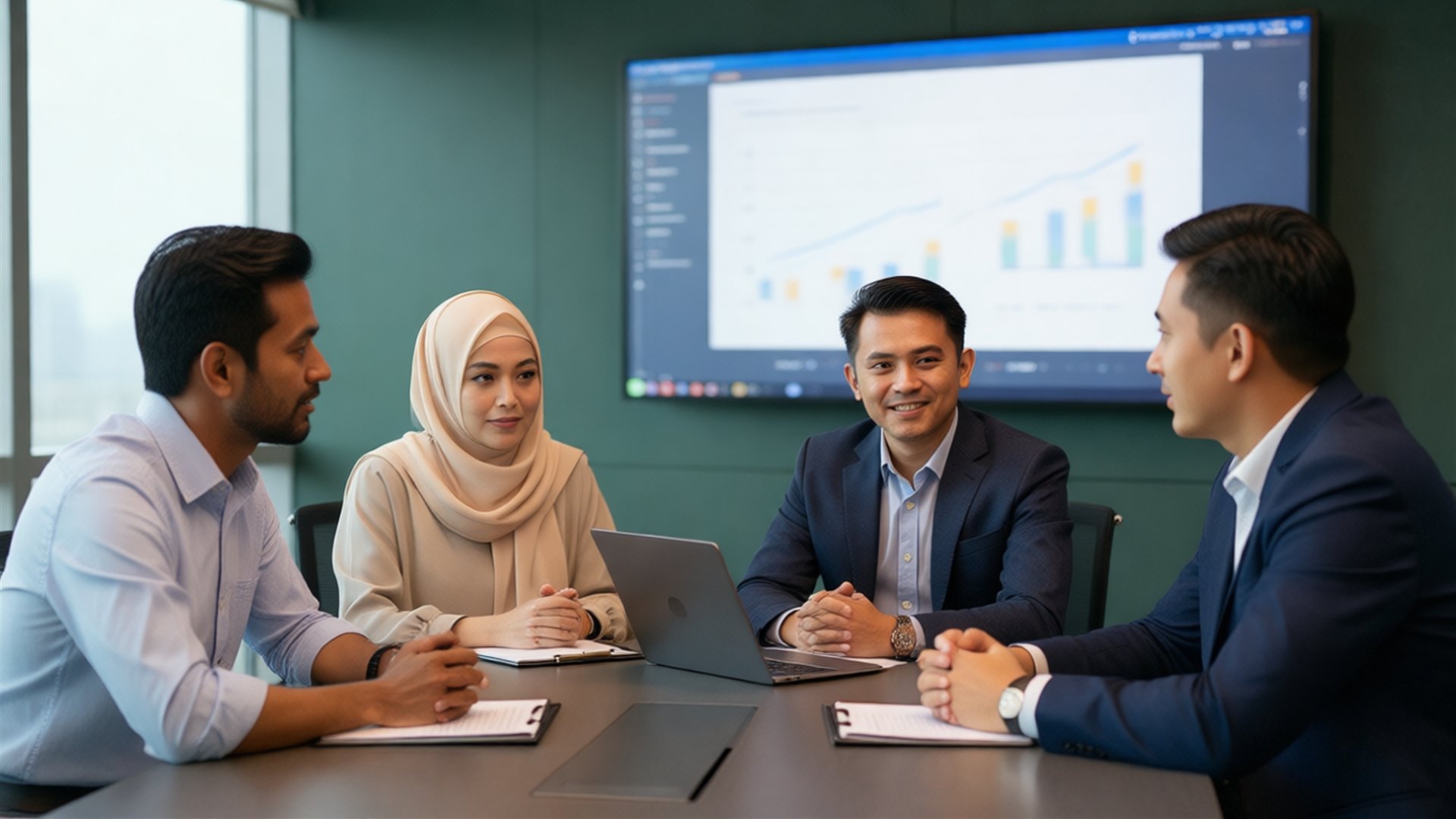 Malaysian team collaborating in a corporate meeting room