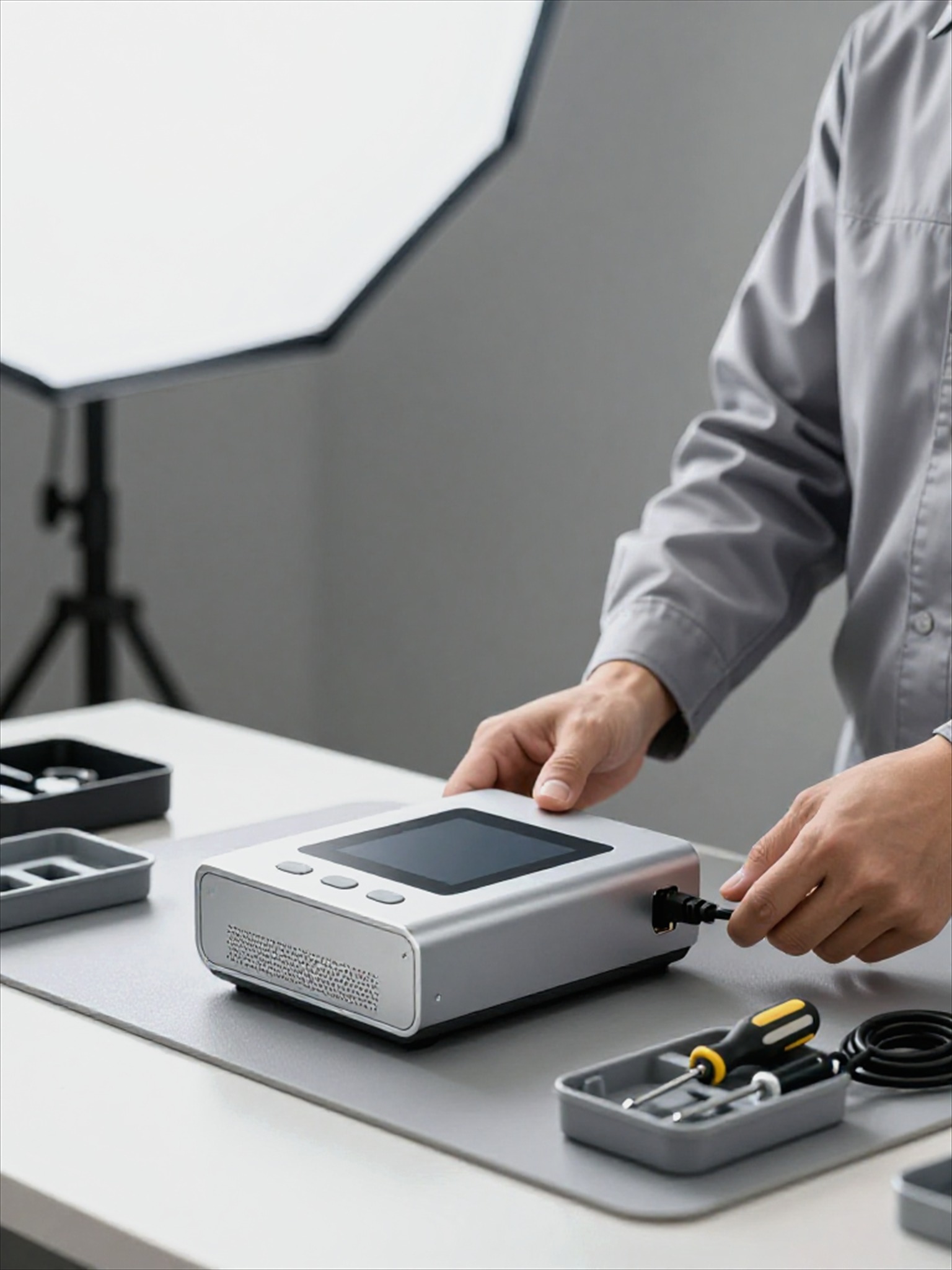 Technician preparing a Webcure SoundBox device for deployment