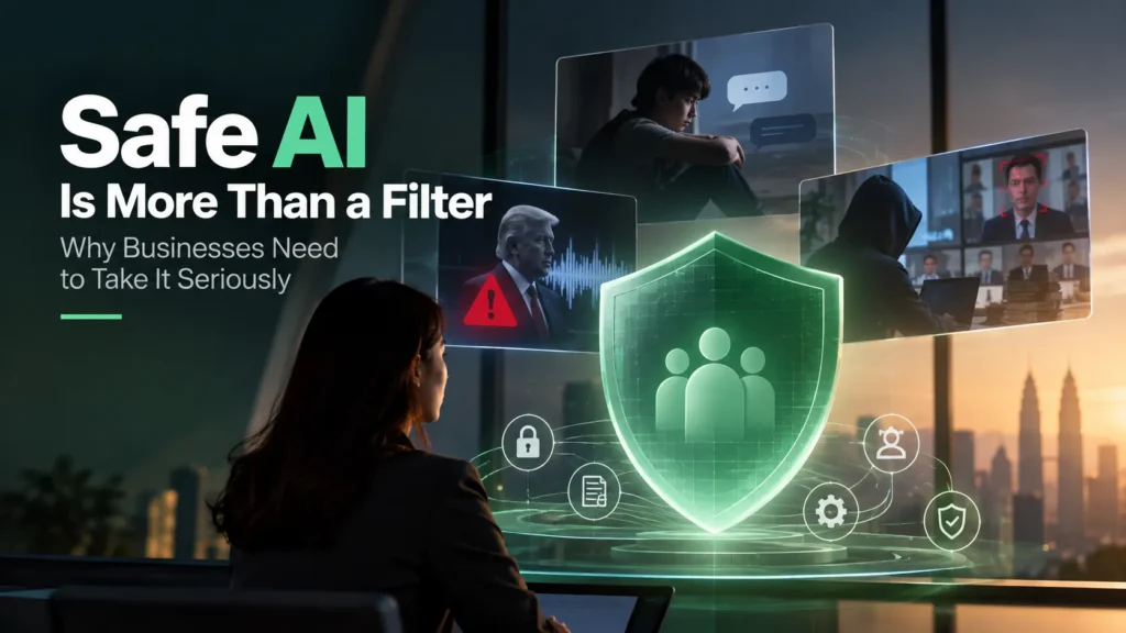 Safe AI concept with a security shield and AI risk scenarios
